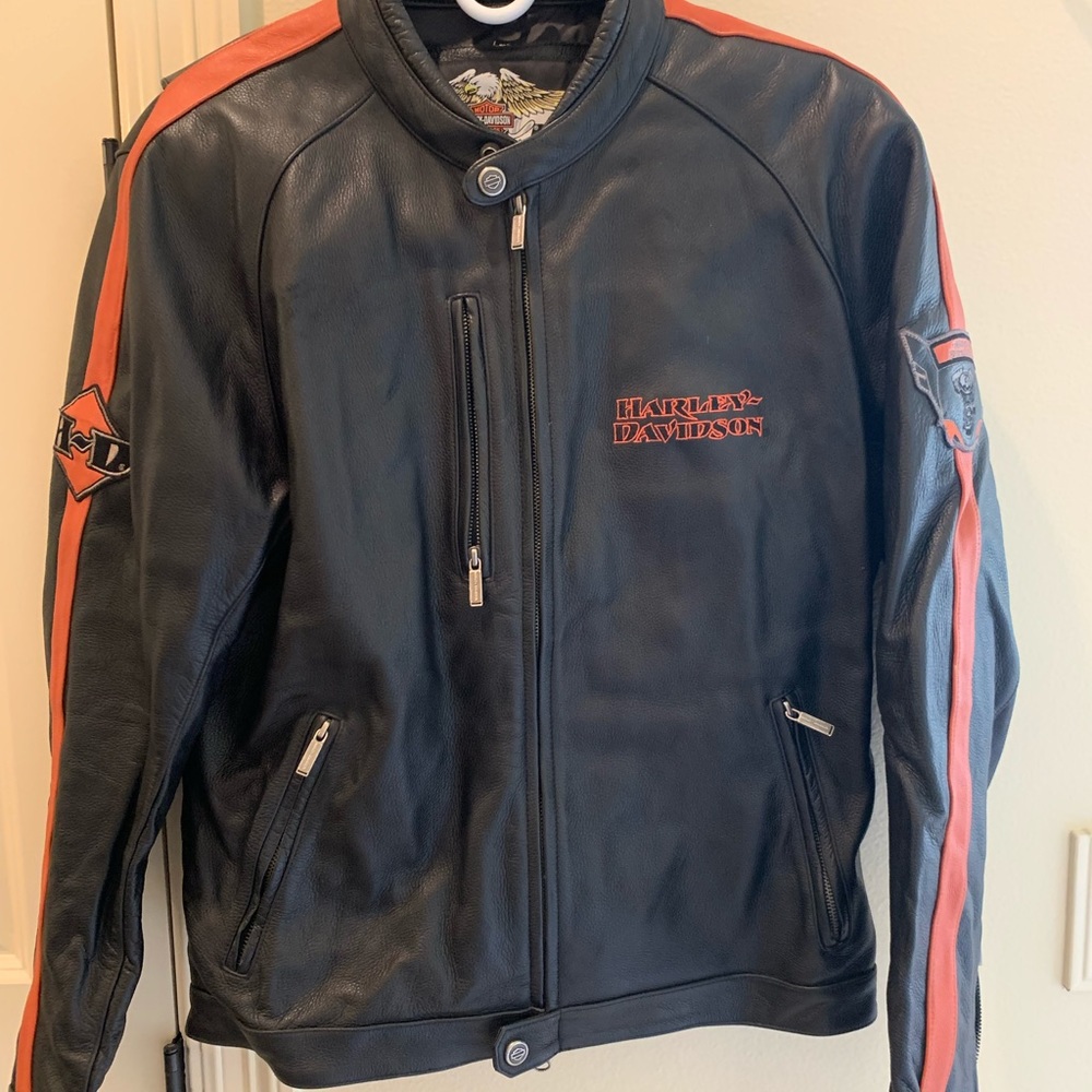 Men black leather Harley Davidson jacket with orange stripes| large